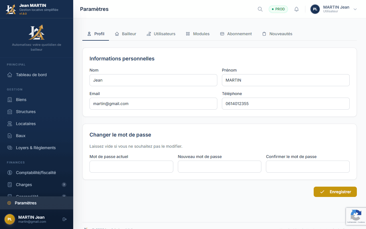 Page des parametres