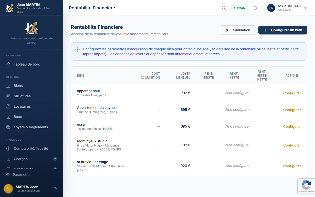 Liste des simulations de rentabilite